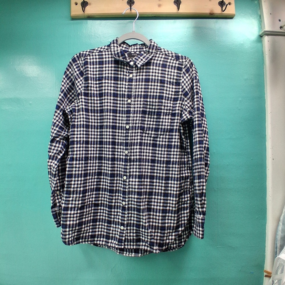 J.Crew Button Down Shirt 4 Navy Blue Plaid Classic Preppy Dark Academia